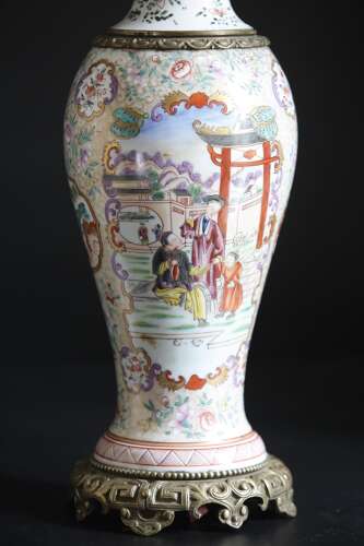 Chinese Canton Famille Rose Vase Oil Lantern Lamps Pair 19th Century
