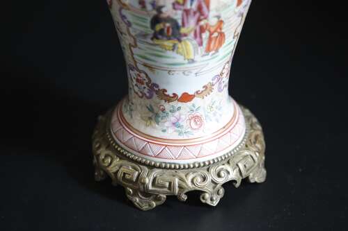 Chinese Canton Famille Rose Vase Oil Lantern Lamps Pair 19th Century