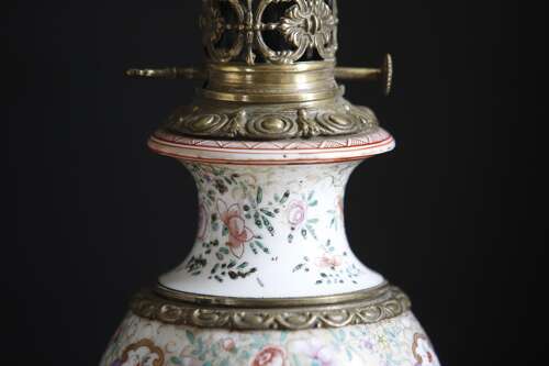 Chinese Canton Famille Rose Vase Oil Lantern Lamps Pair 19th Century
