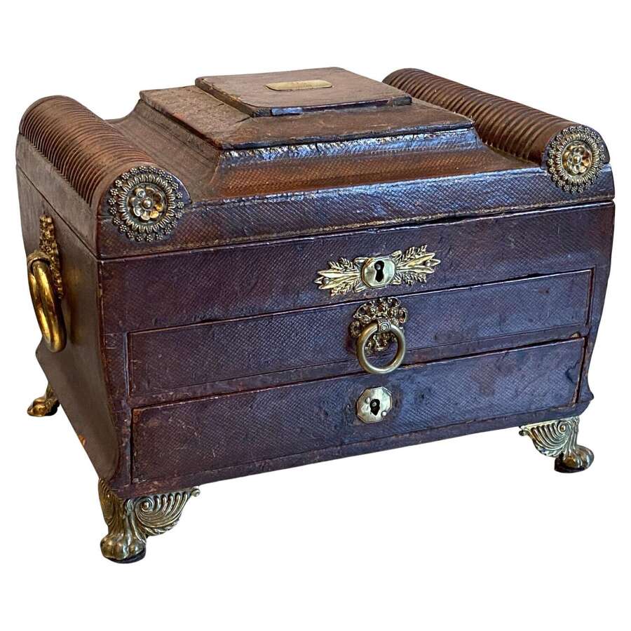Regency Leather Bound Writing Slope Sewing Jewellery Box Engraved "K" 1818