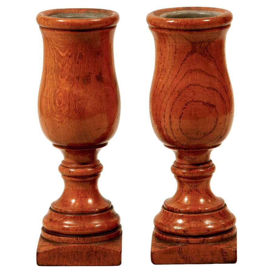 Oak Turned Urn Spill Stem Vases English Pair Circa 1880