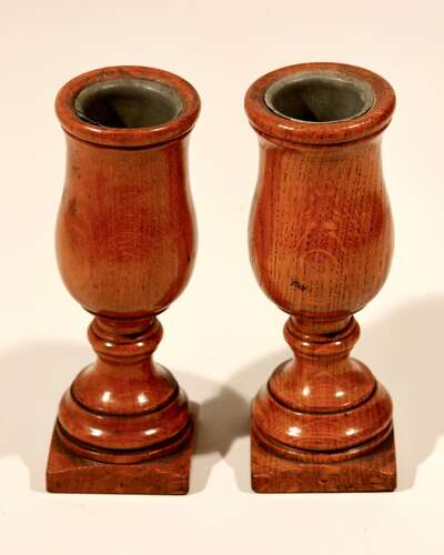 Oak Turned Urn Spill Stem Vases English Pair Circa 1880