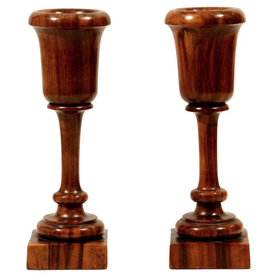 English Turned Pair of Lignum Vitae Urn Wood Spill Stem Vases