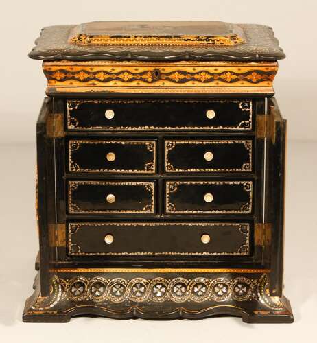 English Papier Mâché Jewellery Sewing Cabinet Box Circa 1860