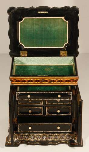 English Papier Mâché Jewellery Sewing Cabinet Box Circa 1860