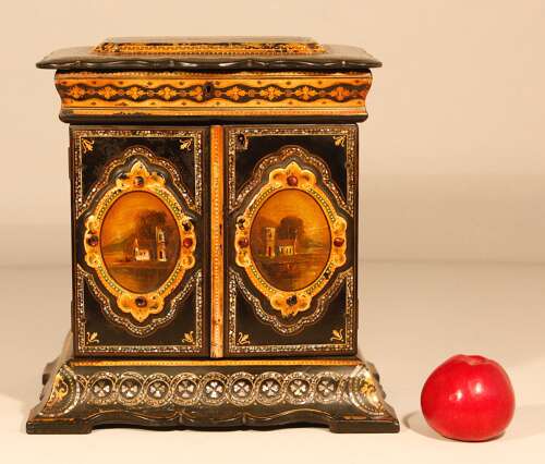 English Papier Mâché Jewellery Sewing Cabinet Box Circa 1860