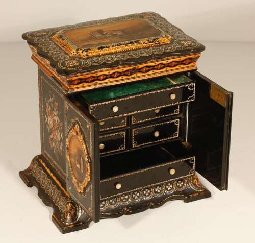 English Papier Mâché Jewellery Sewing Cabinet Box Circa 1860
