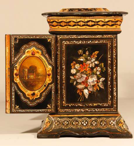 English Papier Mâché Jewellery Sewing Cabinet Box Circa 1860