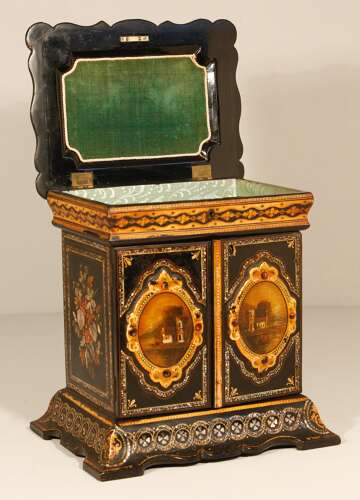 English Papier Mâché Jewellery Sewing Cabinet Box Circa 1860
