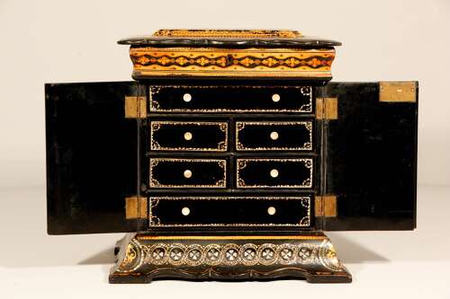 English Papier Mâché Jewellery Sewing Cabinet Box Circa 1860