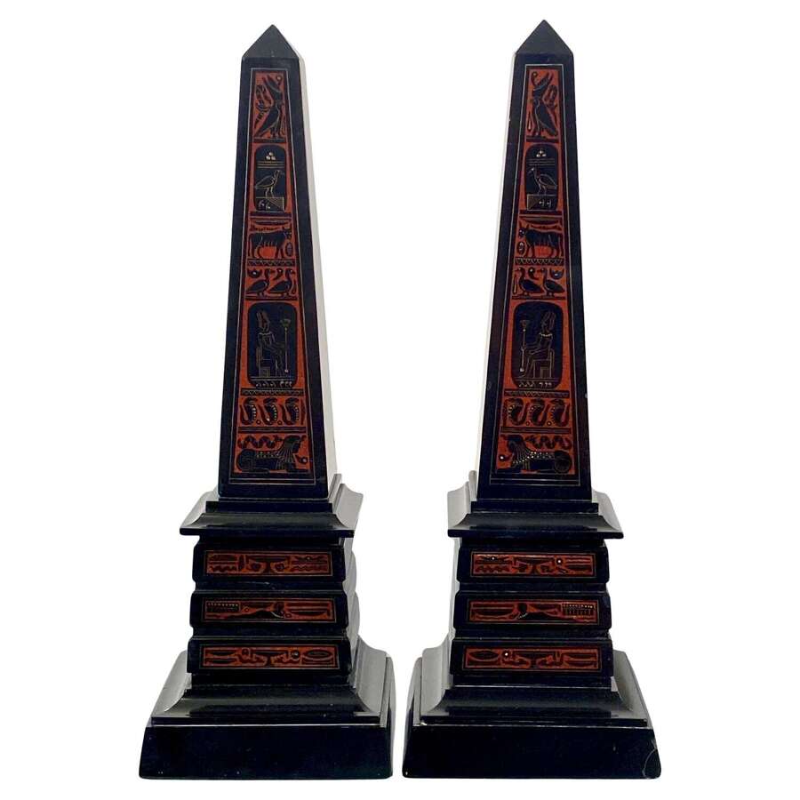 Egyptian Revival Black Rouge Griotte Marble Obelisk Grand Tour Pair 19th Century