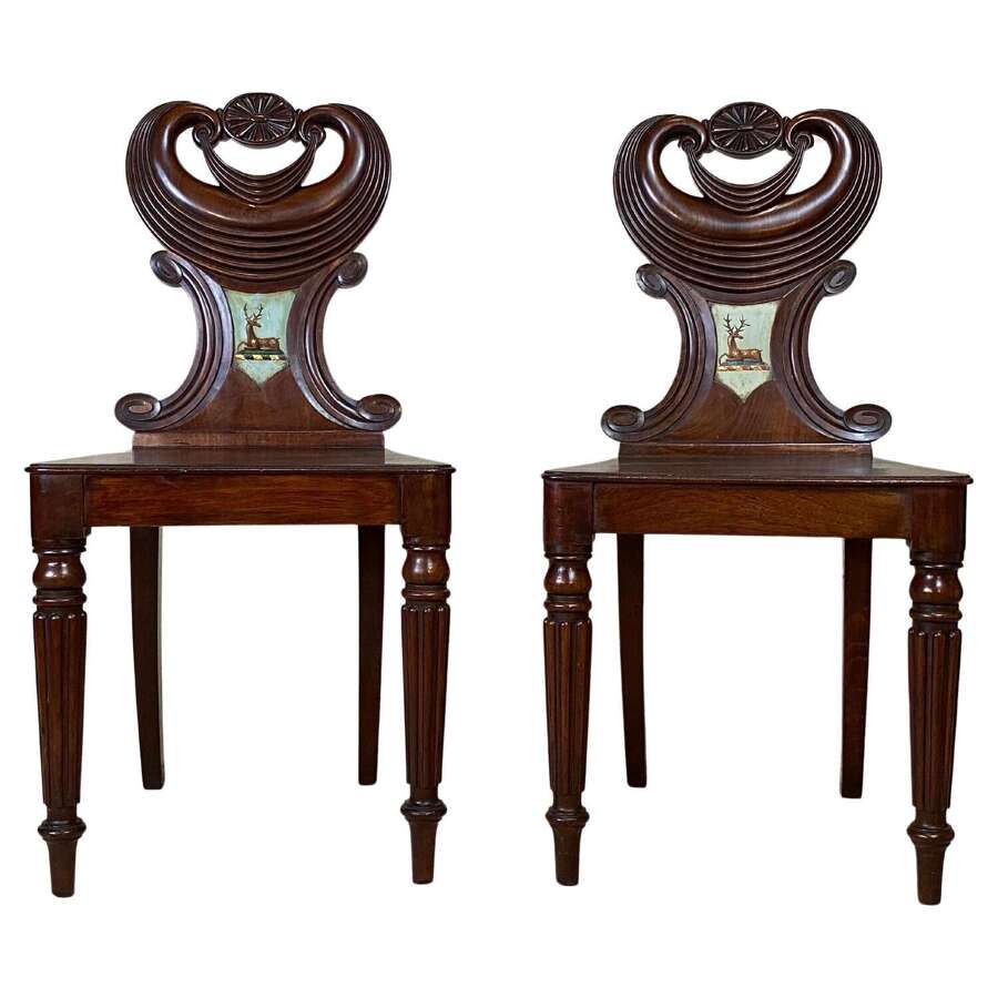 English Georgian Armorial Hall Chairs Attributed to Gillows, Circa 1810