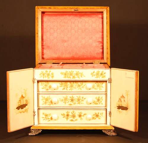 Regency Japanned Chinoiserie Workbox Jewelry Collector's Cabinet