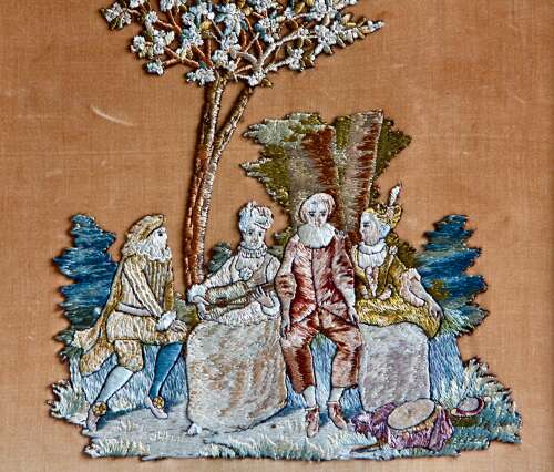 Silk Embroidery Needlework Mounted Picture Panel 19thC