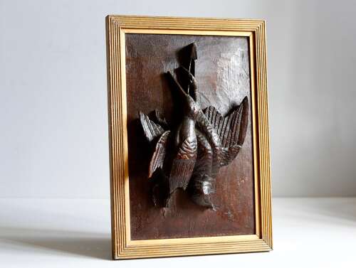 Black Forrest Oak Carved Panel Hunting Game Birds Bas-Relief Plaque circa 1890