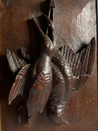 Black Forrest Oak Carved Panel Hunting Game Birds Bas-Relief Plaque circa 1890