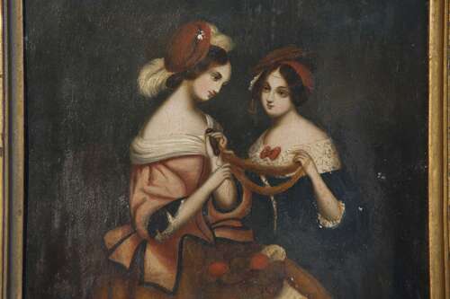Oil Painting Ladies on Zinc Panel 19th C Victorian