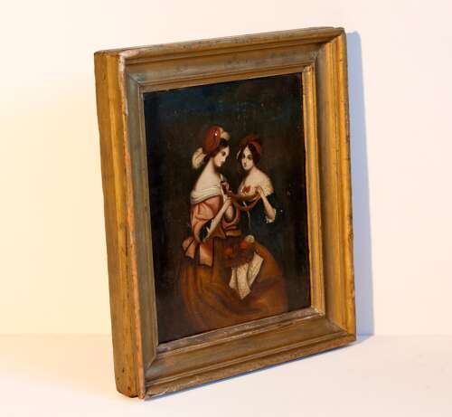 Oil Painting Ladies on Zinc Panel 19th C Victorian