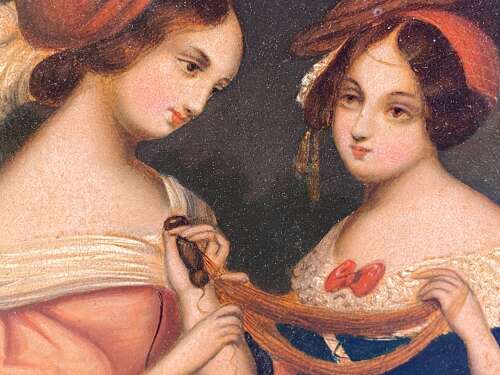 Oil Painting Ladies on Zinc Panel 19th C Victorian