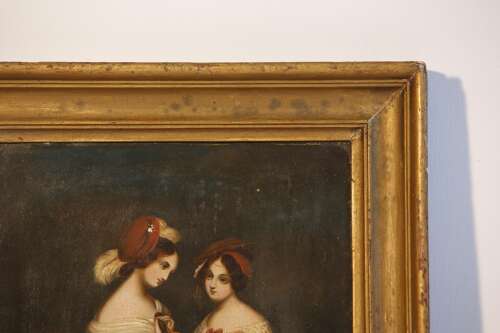 Oil Painting Ladies on Zinc Panel 19th C Victorian