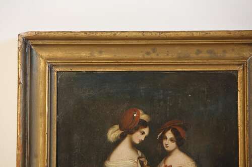Oil Painting Ladies on Zinc Panel 19th C Victorian