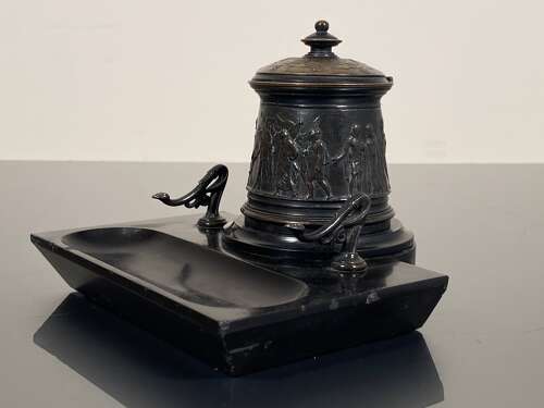Inkwell Grand Tour Neoclassical Patinated Bronze Marble Campaign