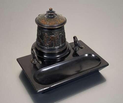Inkwell Grand Tour Neoclassical Patinated Bronze Marble Campaign