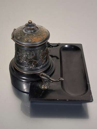Inkwell Grand Tour Neoclassical Patinated Bronze Marble Campaign