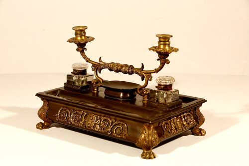 French Bronze and Gilded Bronze Inkwell and Candlestand 19th Century