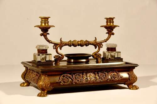 French Bronze and Gilded Bronze Inkwell and Candlestand 19th Century