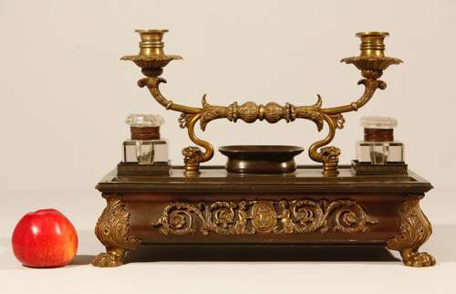 French Bronze and Gilded Bronze Inkwell and Candlestand 19th Century
