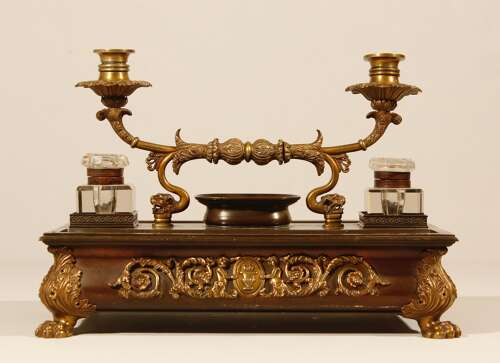French Bronze and Gilded Bronze Inkwell and Candlestand 19th Century