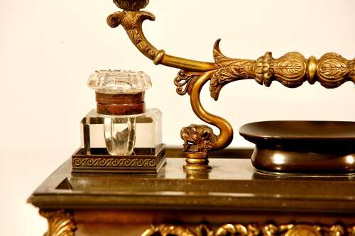 French Bronze and Gilded Bronze Inkwell and Candlestand 19th Century