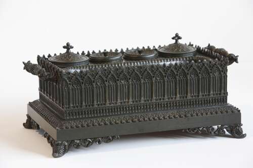 Inkwell Charles X French Gothic in Patinated Bronze, 19th Century