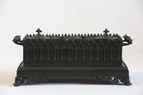 Inkwell Charles X French Gothic in Patinated Bronze, 19th Century