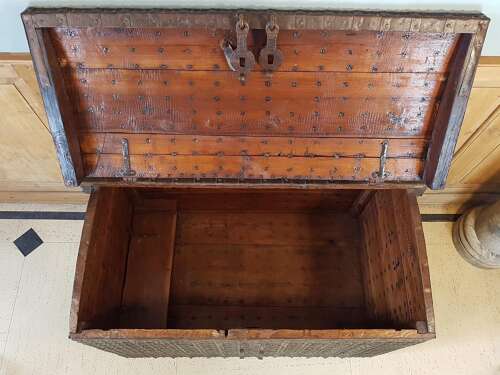 19th C. Rajasthan Iron-banded Damchiya Dowry Chest Trunk with Rare Lock