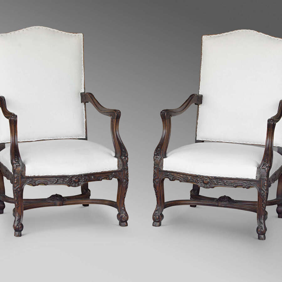 A Pair of French Walnut Fauteuil Armchairs, 19th C