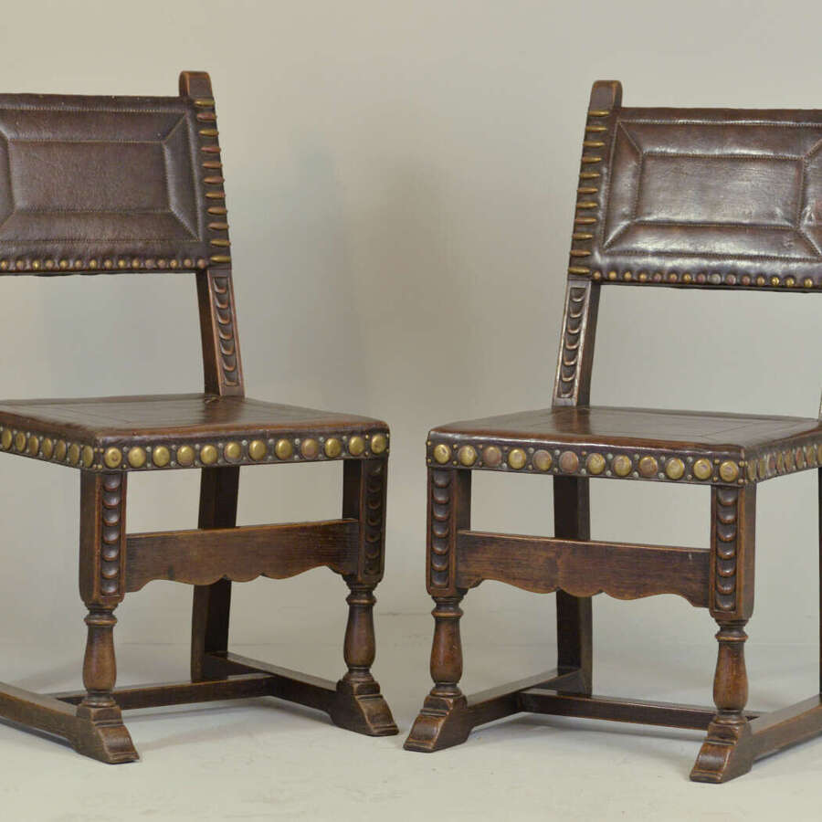 SPANISH LEATHER UPHOLSTERED OAK CHAIRS - SET OF 6, C1870