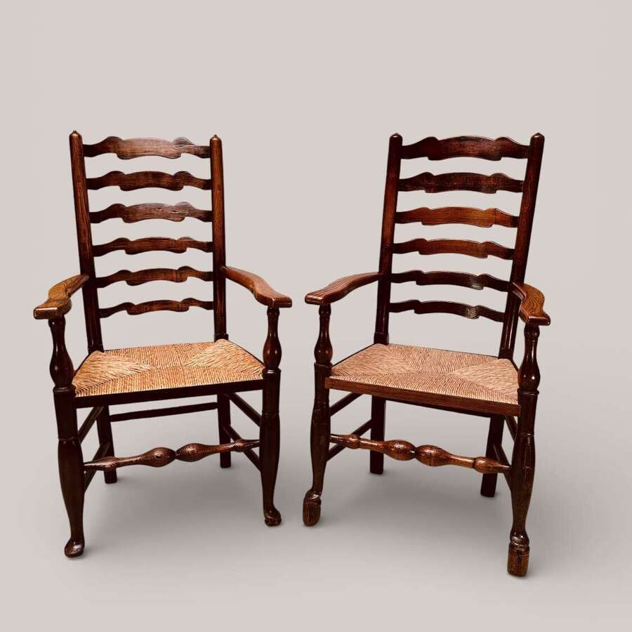 WAVY LADDERBACK RUSH SEAT CHAIRS IN ASH, SET OF 6+2, C1840