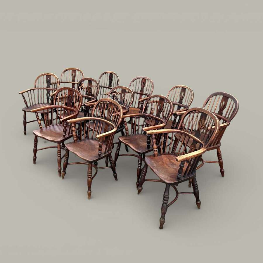 WINDSOR LOW BACK ARMCHAIRS, SET OF 12 IN ASH & ELM, C1850