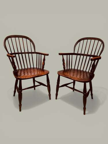 WINDSOR LOW STICK BACK ARMCHAIRS (PAIR), ASH & ELM, C1860
