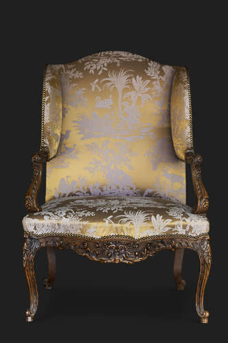 French Carved Louis XV Style Bergere Wingback Armchair, Circa 1860