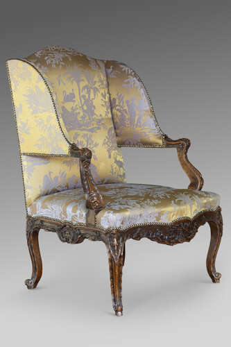 French Carved Louis XV Style Bergere Wingback Armchair, Circa 1860