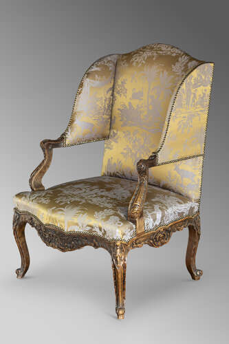 French Carved Louis XV Style Bergere Wingback Armchair, Circa 1860