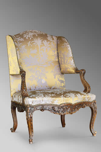 French Carved Louis XV Style Bergere Wingback Armchair, Circa 1860