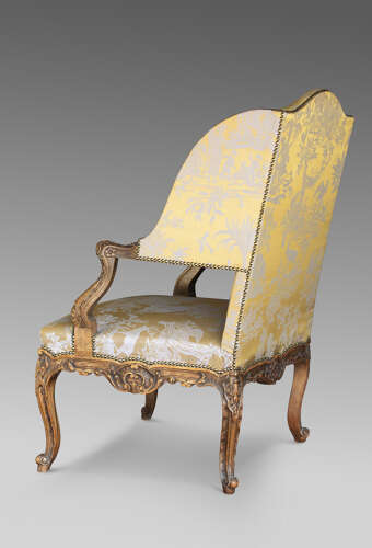 French Carved Louis XV Style Bergere Wingback Armchair, Circa 1860