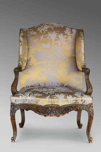 French Carved Louis XV Style Bergere Wingback Armchair, Circa 1860