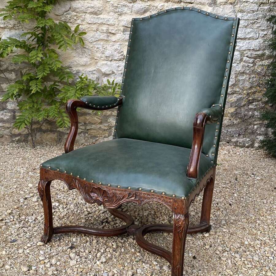 Antique Walnut Leather French Fauteuil Armchair 18th C