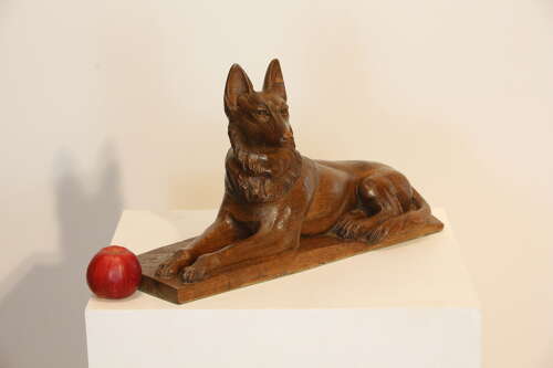 German Shepard Carved Oak Dog Recumbent Sculpture