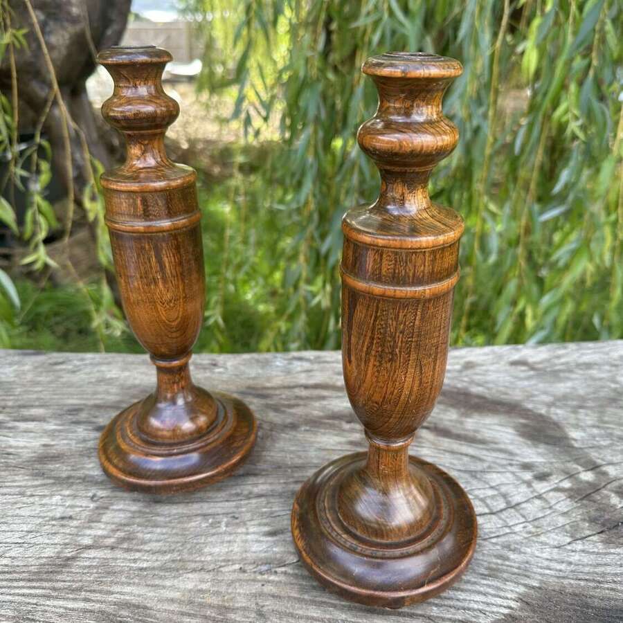PAIR OF TURNED ASH CANDLESTICKS C1920